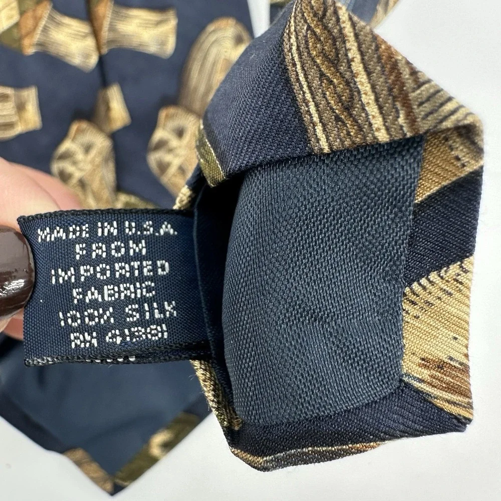 VTG Polo by Ralph Lauren Silk Tie Navy Gold Novelty Sock Print Hand Made In USA